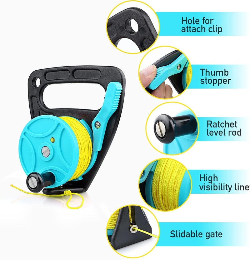 Owekfifv Scuba Dive Reel with Thumb Stopper, 150-foot High Visibility Retractable Line Diving Reel Finger Spool with Handle Stop Switch for Cave and Wreck Exploration, Kayaking Anchor, Spear Fishing, SMB - Image 3